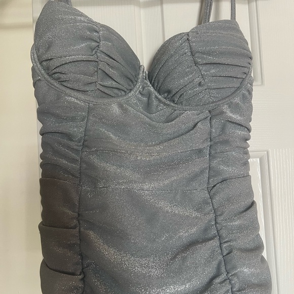 Club London Dresses Silver Metallic Corset Mesh Midi Dress Poshmark